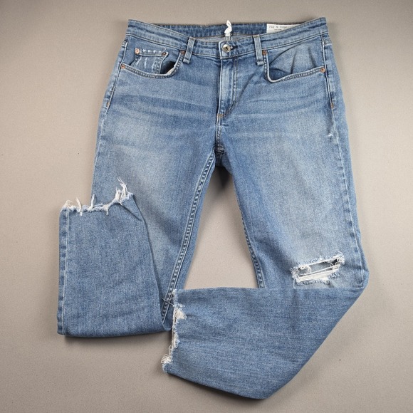 rag & bone Denim - Rag Bone Dre Low Rise Slim Boyfriend Jeans Distressed Ripped Raw Hem Size 30 USA